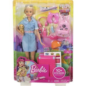 Barbie Travel Doll, Blonde, with Puppy, Opening Suitcase, Stickers and 10+ Acc
